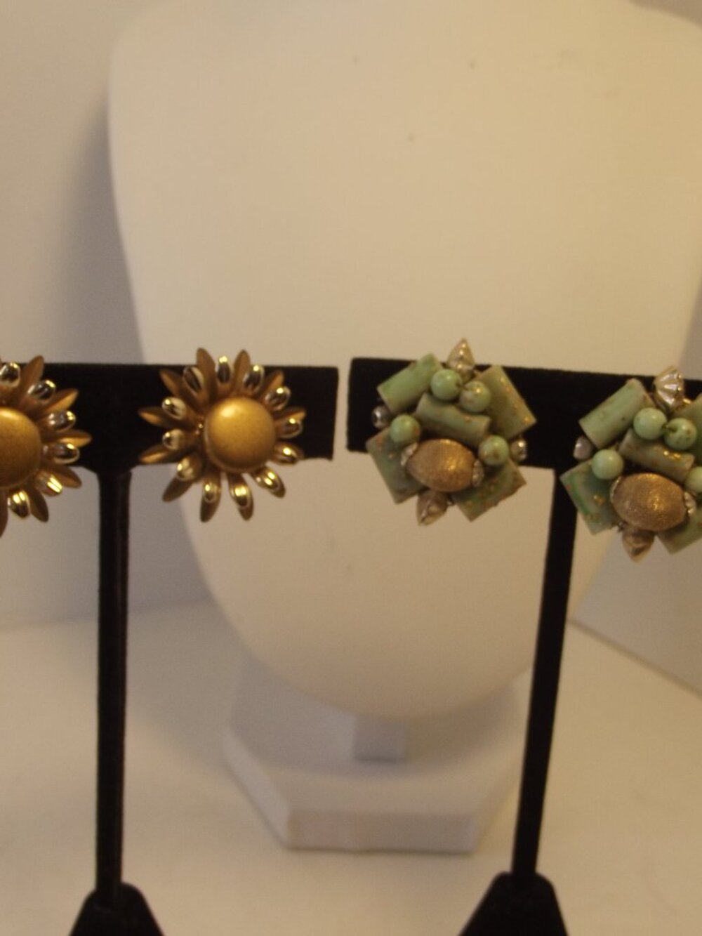Vintage EARRINGS - CLIP - 2 Pair - Flowers and Abstract Sea Foam Green